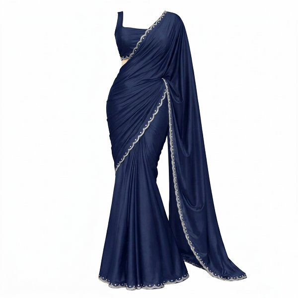 Navy Blue Satin Silk Indian Saree Navy Blue Satin Silk Indian Sharee - Image 1