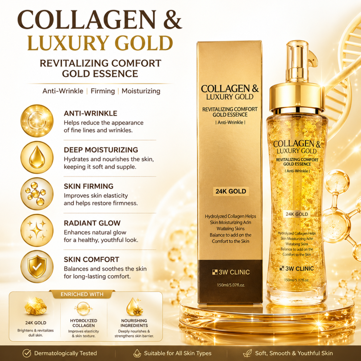 3W CLINIC Collagen & Luxury 24K Gold Revitalizing Comfort Gold Essence 150ml - Image 2