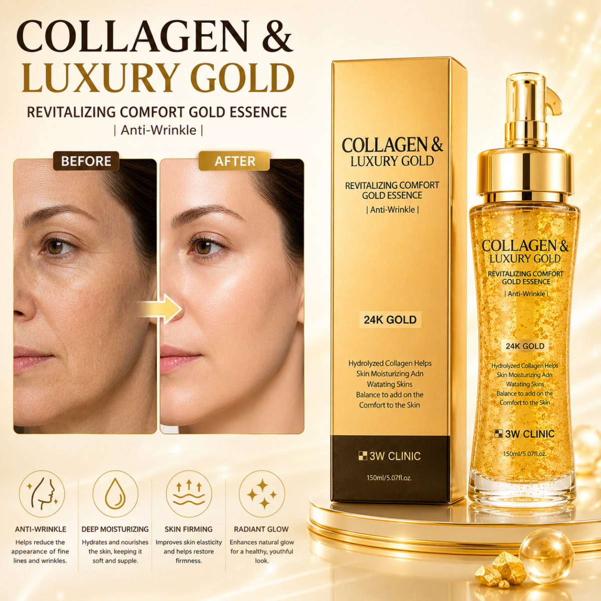 3W CLINIC Collagen & Luxury 24K Gold Revitalizing Comfort Gold Essence 150ml - Image 3