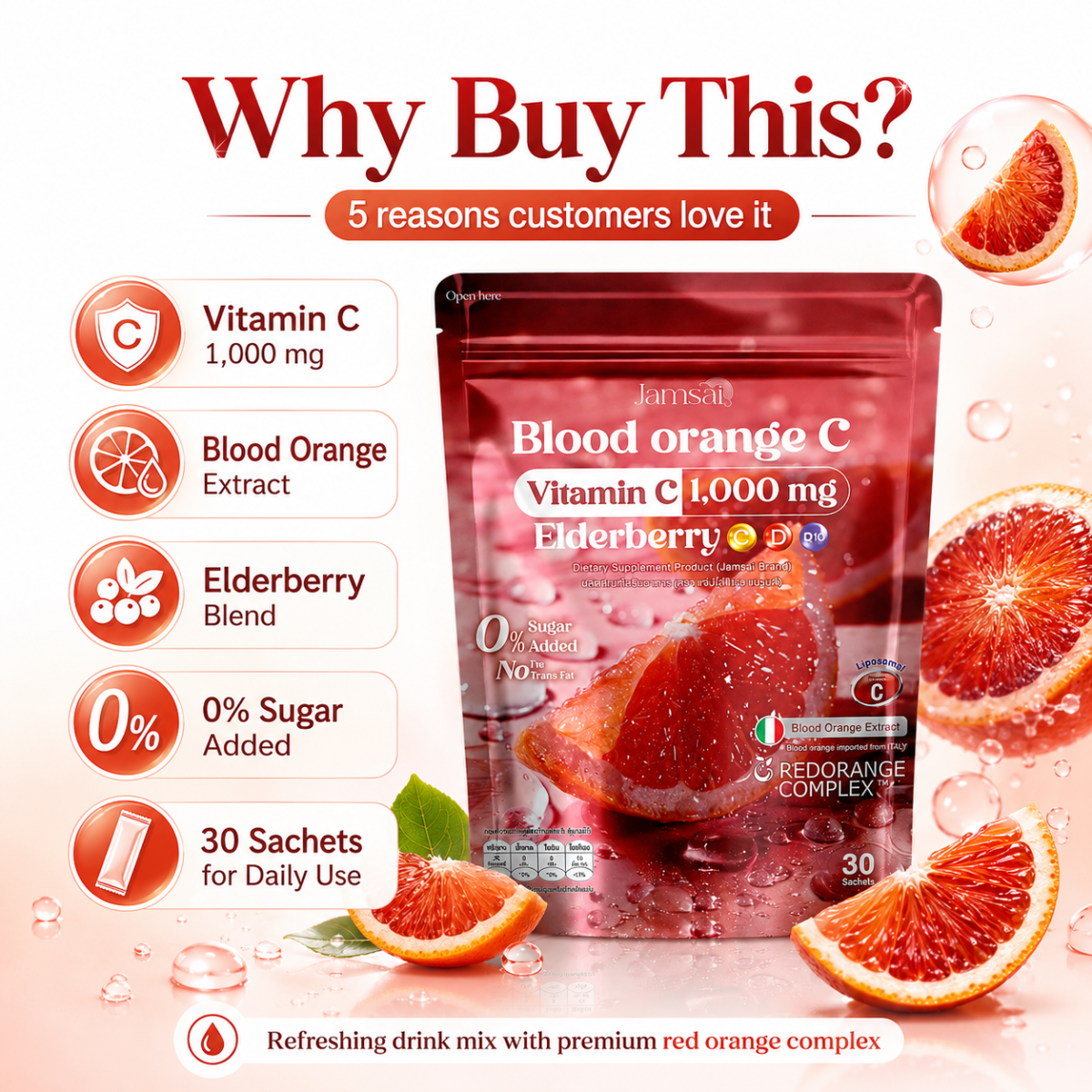 Jamsai Blood Orange C Vitamin C 1000mg Elderberry Powder Drink - Image 4