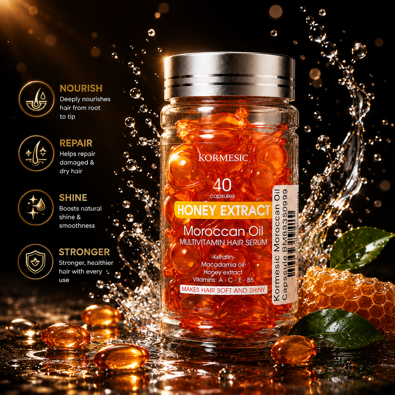 b887953c-248f-4092-ad38-9957e430e452 Kormesic Honey Extract Moroccan Oil Multivitamin Hair Serum Capsules (40 Capsules) - Image 1