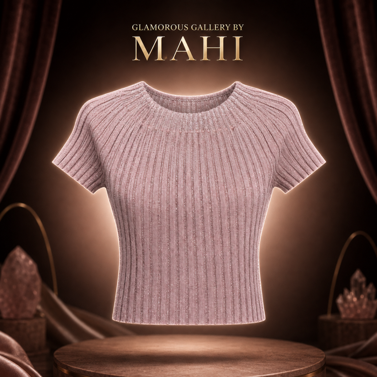 Shimmer Ribbed Knit Short-Sleeve Top - Image 2