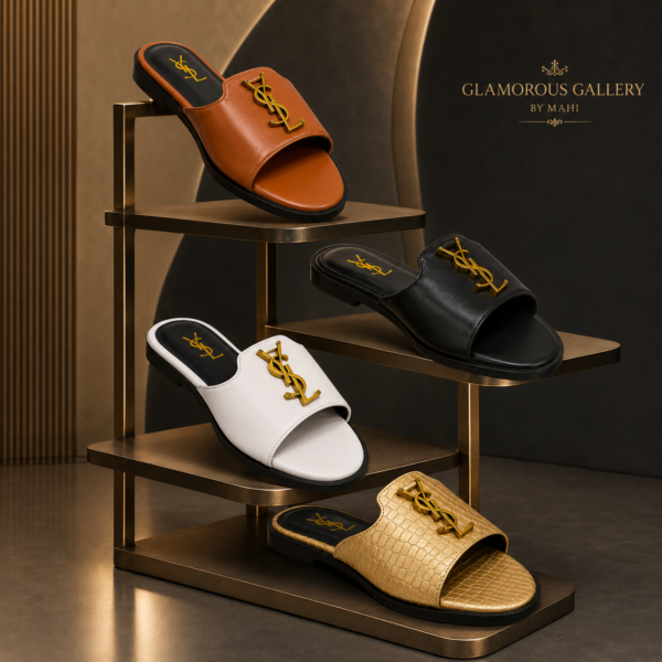 Luxury YSL Open-Toe Flat Slide Sandals