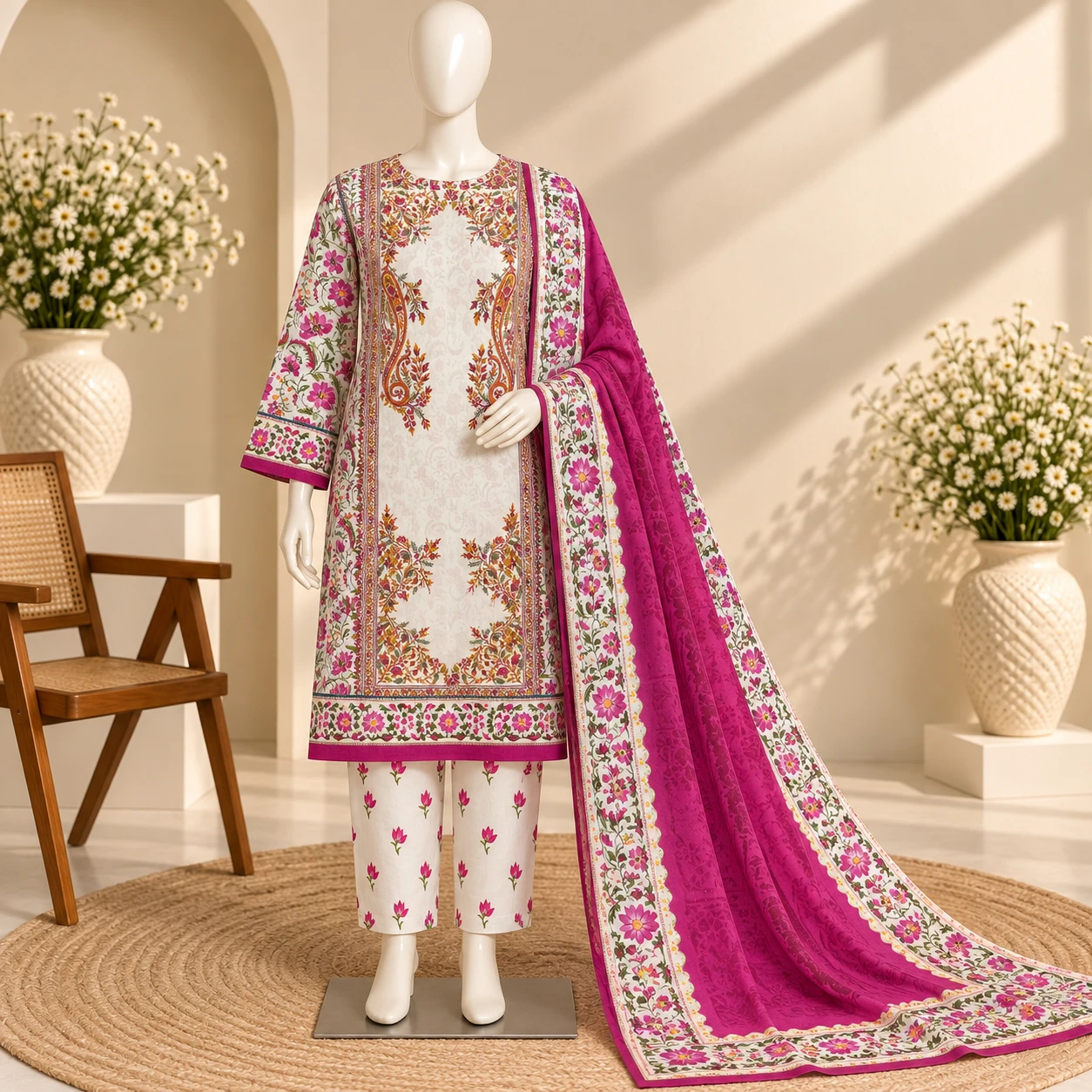 Floral Printed Unstitched Three Piece for Women – Ivory & Fuchsia Pink Design