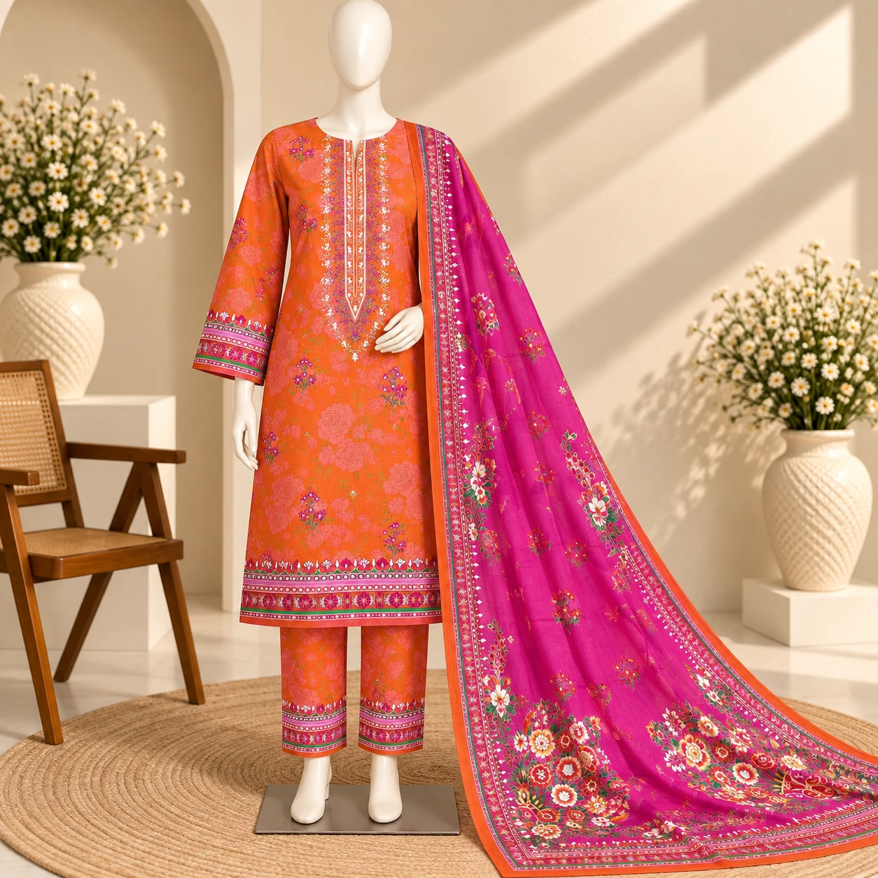 Orange & Fuchsia Floral Printed Unstitched Three Piece for Women – Contrast Dupatta Design