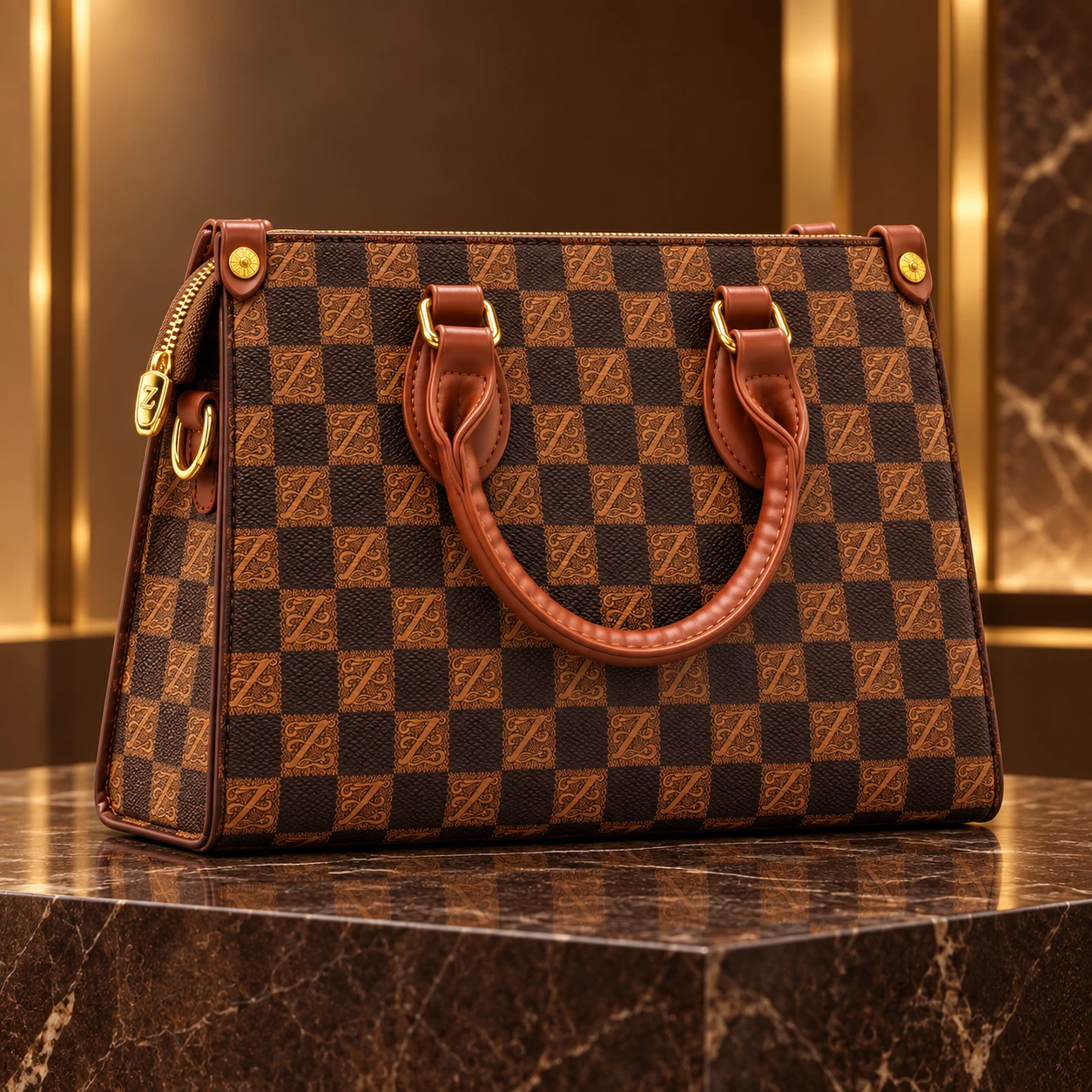 Dark brown checkered monogram structured handbag for women with gold-tone hardware and dual handles