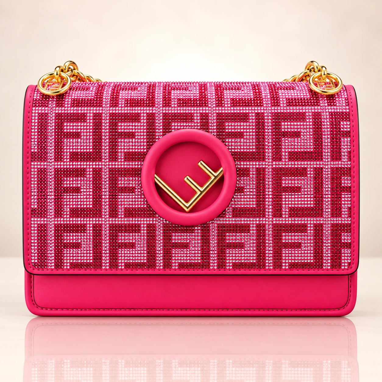 Fendi style monogram crystal chain shoulder bag for women in cream, maroon and hot pink colors