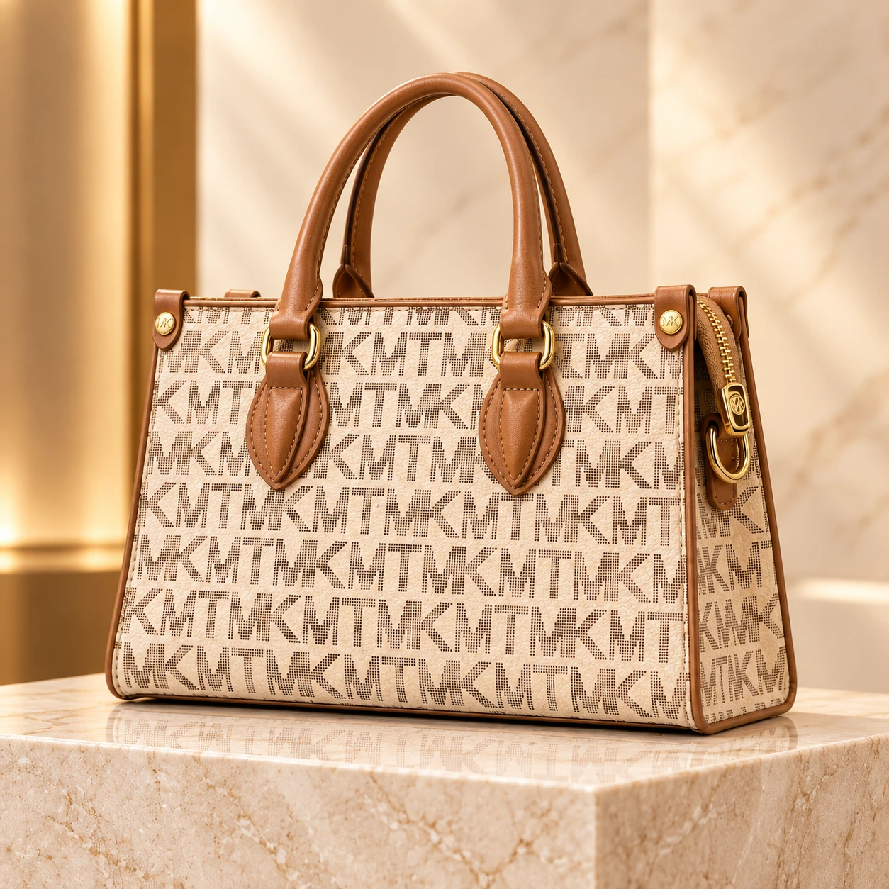 Michael Kors signature monogram large tote bag in cream and tan brown with double handles
