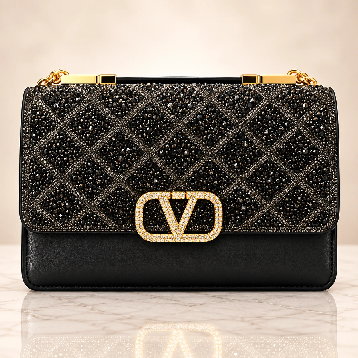 Valentino style crystal embellished chain shoulder bag for women in black, red and off-white colors with golden V logo