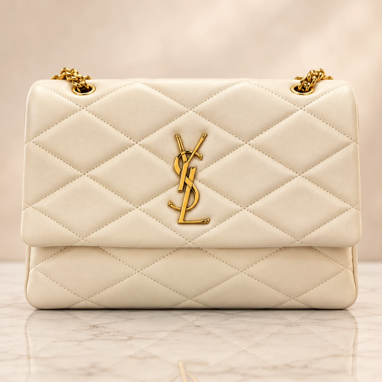 YSL style diamond quilted chain shoulder bag for women in black and cream colors with golden logo